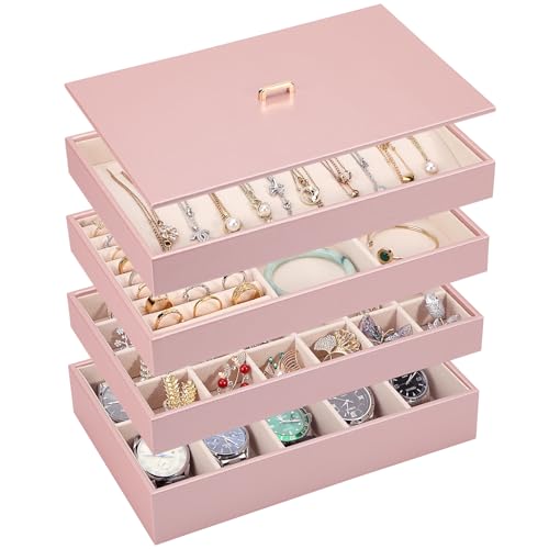 Voova Stackable Jewelry Organizer Tray with Lid, PU Leather Jewelry Storage Holder for Drawer Inserts, Jewellery Display Box Case for Earring Necklace Ring Watch Bracelet (Set of 4, Rose Gold) - color: Rose Gold