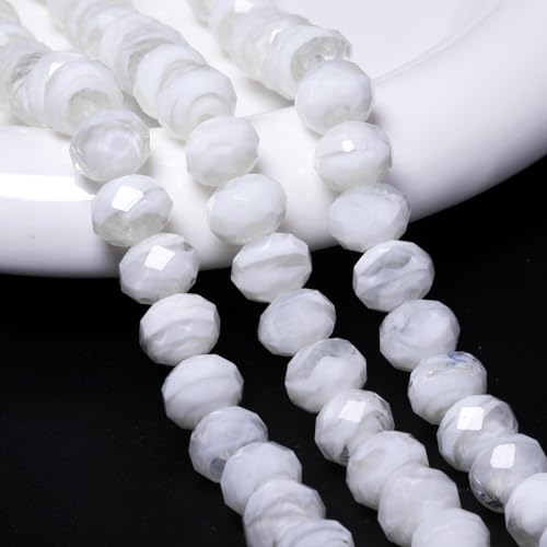 7.5×10mm 50pcs Transparent White Faceted Lampwork Glass Beads for Jewelry Making, Flat Round Handmade Murano Beads for Bracelets, Crafts, Friendship Bracelet Kit, Rosary Making - color: Transparent White
