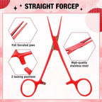 BBTO Hemostat Curved and Straight Hemostat Forceps Piercing Pliers Forceps, Stainless Steel Straight and Curved Pliers, Fishing Tweezer(Red,2 Pcs) - color: Red