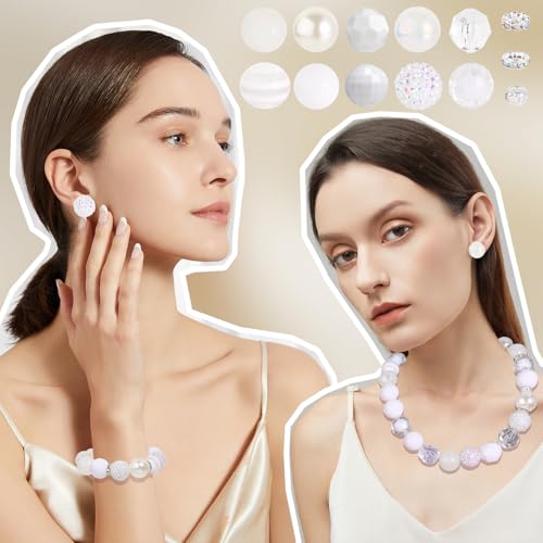 35 Pcs Chunky Bubblegum Beads 20mm Focal Pen Large Rhinestone Pearl Bead with Rhinestone Large Hole European Spacer Bead for DIY Beadable Pen Jewelry Making Keychain Craft Making(White) - color: White