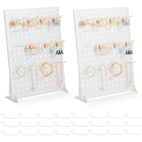 Urban Deco Portable & Adjustable Peg Board Display Stand | 17x13 Inch with 12 Hooks | Small Pegboard Quick-Setup, Metal Jewelry Organizer for Retail Stores, Craft Shows & Vendor Events (2-Pack, White) - color: White, style: 2 Set 24 Hooks