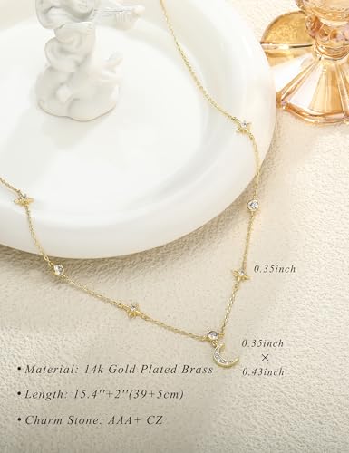 Dainty Gold Necklace for Women Trendy 14K Gold Plated Pearl Cross Clover Butterfly CZ Charm Pendant Chain Station Necklaces Waterproof Non Tarnish Layered Choker Cute Jewelry Gifts - color: G-moon & star