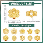 PH PandaHall 100Pcs 10 Styles Metal Flower Beads Golden Spacer Beads Floral Loose Charm Bead Blossom Flower Flat Round Loose Bead Spacers for Bracelet Jewelry Making, 5.5~8mm