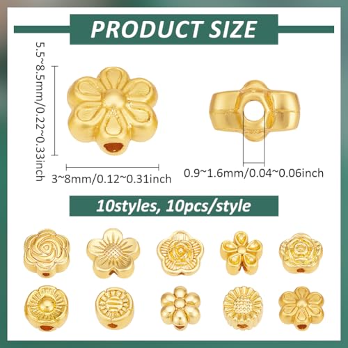 PH PandaHall 100Pcs 10 Styles Metal Flower Beads Golden Spacer Beads Floral Loose Charm Bead Blossom Flower Flat Round Loose Bead Spacers for Bracelet Jewelry Making, 5.5~8mm