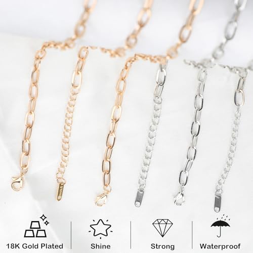 20 Pack 18K Gold Plated Chain Necklace Bracelets Kit for Jewelry Making, Bulk 6mmx11mm Paperclip Stainless Steel Chains with 2.36 Inch Extension Chain for Women,7.08inch Bracelets 23.81inch Necklaces