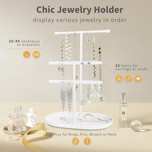 Saydear Elegant Jewelry holder Organizer 2-Tier Display Storage Stand for Earrings Necklaces with Ring Tray Spacious and Durable, Easy to Assemble White - color: White