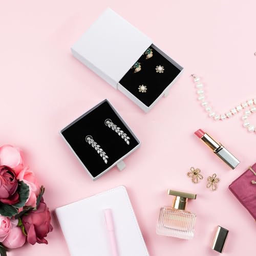 WRINGKIT 24 Pack White Cardboard Jewelry Gift Boxes Bulk, Square Jewelry Gift Boxes 3.5x3.5x1.2 Inch, Jewelries Packing Box with Lids Foam Cushion for Necklace Earring Bracelet Ring Display Storage