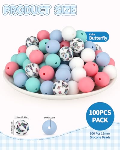 100 Pcs 15mm Silicone Beads for Keychain Making, Butterfly Silicone Beads Bulk Round for Bracelets Pens Crafts Jewelry Making (Butterfly) - color: Butterfly