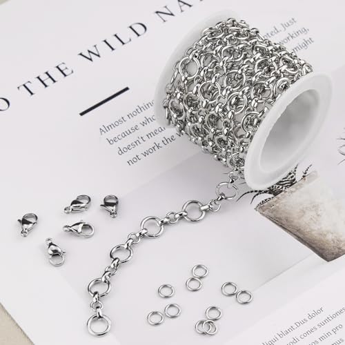 SMYHTGLIF 6.5 Feet/2 Meters Silver 304 Stainless Steel Rolo Jewelry Making Chains Bulk Unsoldered Round Link Chain with Lobster Clasps and Open Jump Rings for Jewelry Making - color: Circle Silver
