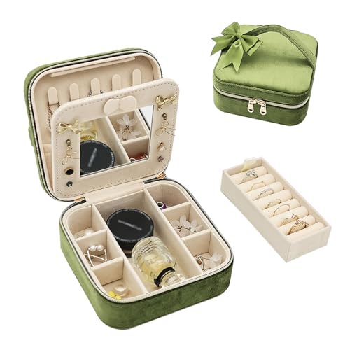Jewelry Travel Case, Small Jewelry Box With Mirror, Velvet Travel Jewelry Boxes for Women, Necklace Ring Earring Organizer Box for Travel Vacation(Olive Green) - color: Olive Green