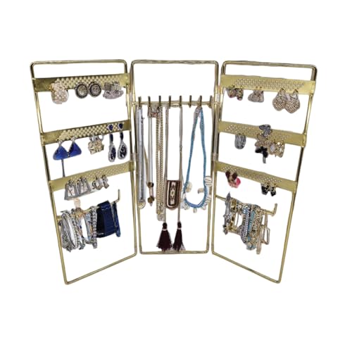 Jewelry Holder, Jewelry Organizer, folding 3 piece Jewelry Display Stand with Metal Frame, Necklace Earring Bracelet Holder, for Studs, Rings, Gift Idea, Gold, Silver, Black Color (GOLD) - color: GOLD
