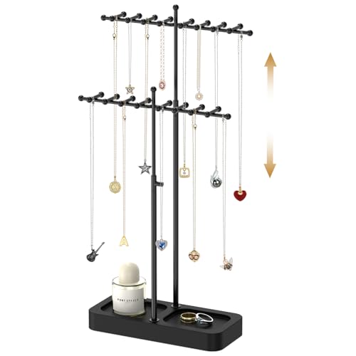MODOWEY Necklace Holder Organizer Stand with Wood Tray, 36 Hooks Tall Display Tree for Women Men Vendors, Adjustable 2 Tier Metal Jewelry Rack, Large Capacity for Dresser Small Space, Black+Black - color: Black+Black, size: 2 Tier