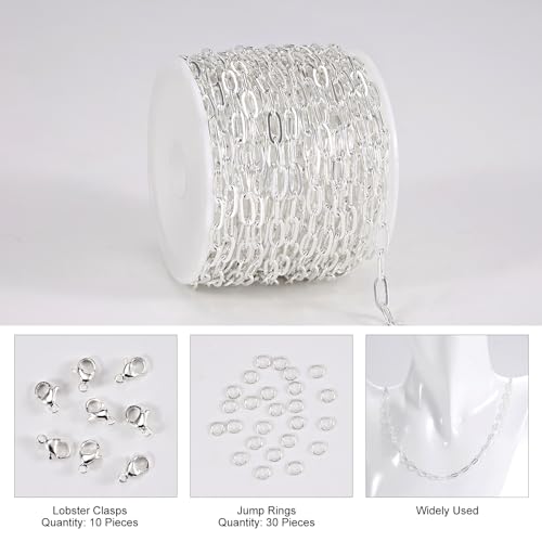 Kyutong 16.4FT/5M Thin Paperclip Chains for Jewelry Making Stainless Steel Necklace Making Supplies Silver Plated Craft Chain Link with Lobster Claw Clasps Jump Rings - color: silver paperclip