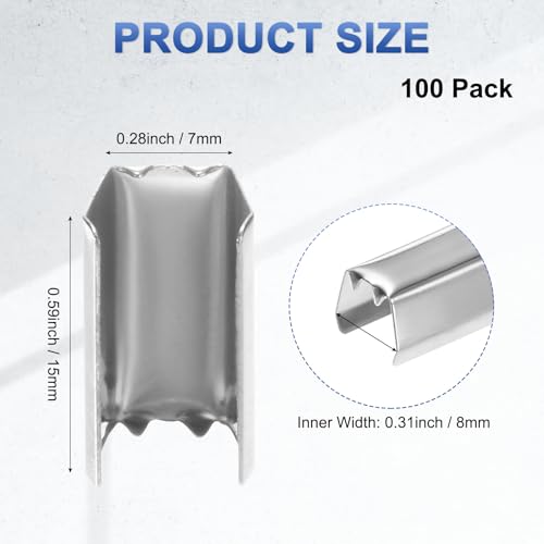 M METERXITY 100-Pack Fold Over Crimp End Caps, 0.6 x 0.3in/ 15 x 7mm Crimp Fasteners Ribbon Ends with Clamps for Jewelry Making/Leather Decor/DIY/Bracelets, Belt Buckle End Tip [Silver] - size: 0.6 x 0.3in/15 x 7mm