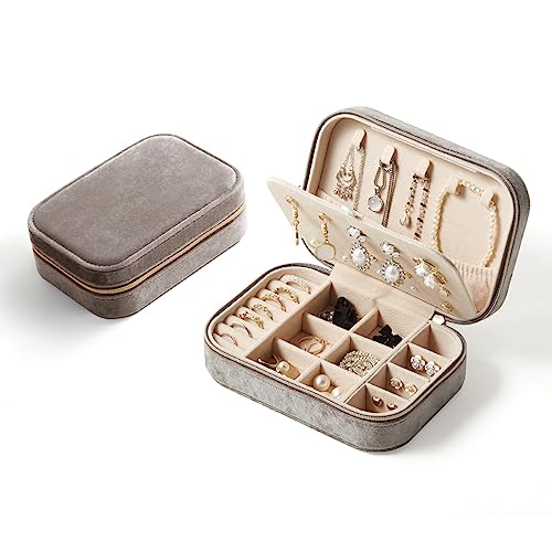 CASEGRACE Plush Velvet Travel Jewelry Box, Portable Jewelry Case for Women Girls, Double Layer Jewelry Organizer Display Box for Necklace Earring Rings Bracelet, Travel Accessory Gifts, Grey - color: Grey, size: Velvet