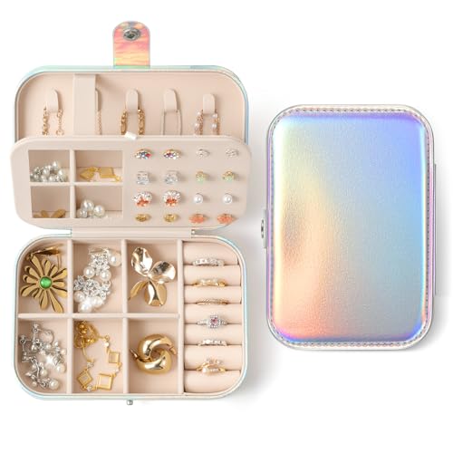 LAMU Travel Jewelry Box, Portable Jewelry Organizers and Stroage, Glowing Rainbow Small Jewelry Case for Earrings Rings Necklaces, Travel Jewelry Case for Girl as Wedding, Valentines Day Gifts, Silver - color: Silver