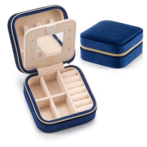 Plush Velvet Travel Jewelry Case,Mini Jewelry Box,Small Jewelry Organizer Portable Display Jewelry Storage Case, for Girls Women (NavyBlue-With Mirror) - color: V1 - Velvet - NavyBlue