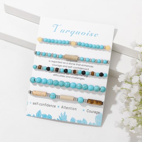 5Pcs Crystal Bracelet for Women Spiritual Natural Stone Bracelet Set Stackable Beaded Bracelets Healing Crystal Bracelet Gemstone Bead Bracelet Beaded Stretch Bracelets for Women - style: Turquoise