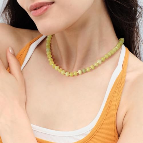 KissYan Beaded Gemstone Necklace for Women, Natural Stone Beach bead Necklace, 18" Boho Summer Handmade Jewelry Gifts - color: Lemon Jade