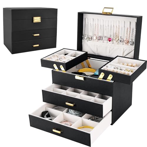 Dajasan Jewelry Organizer Box, Large Jewelry Boxes for Women Girls, Space-Saving 4 Layers Jewelry Storage Case with Drawer, Movable Metal Stand, Modern, Gift Idea (Black + Gold) - color: Black + Gold