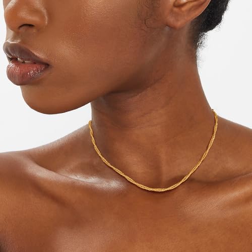 Dremmy Studios Dainty Gold Choker Necklace for Women 14K Gold Plated Coin Disc Figaro Layered Beaded Flat Mariner Sideways Cross Wishbone Link Clavicle Necklaces - style: 2.8mm wave chain