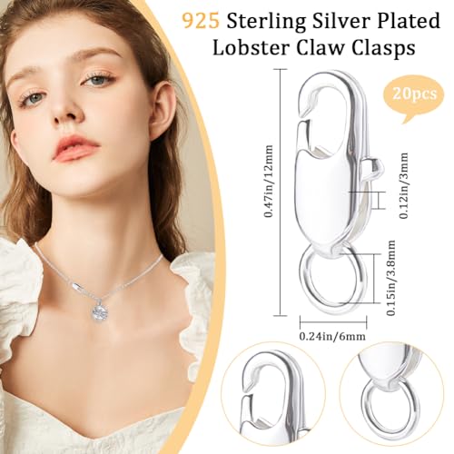 Beebeecraft 1 Box 20Pcs Lobster Claw Clasp with Jump Rings 925 Sterling Silver Plated Brass Necklace Clasps for DIY Jewelry Making (12x6mm) - color: Silver-20pcs