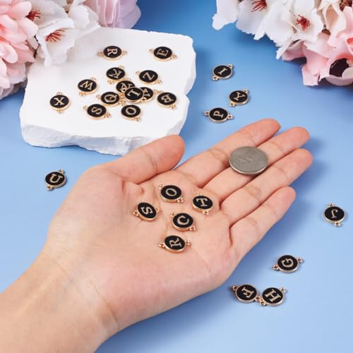 KISSITTY Flat Round with Alphabet Connector Charms Alloy Enamel Letter Links Connectors for DIY Bracelet Earring Jewelry Making - color: Black