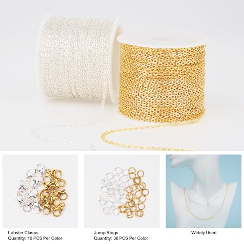 Kyutong 65.6 Feet Stainless Steel Jewelry Making Chains Bulk on Spool 2 Rolls Cross Cable Chain Links Gold Silver Craft Jewelry Supplies with Lobster Clasps Jump Rings for DIY Handcraft - color: Cable Chain