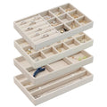 Set of 4 Stackable Jewelry Organizer Trays, Jewelry Drawer Organizer Inserts with Removable Dividers, Jewelry Display Tray Storage for Earring Ring Necklace Bracelet (Beige)