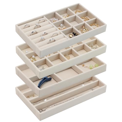 Set of 4 Stackable Jewelry Organizer Trays, Jewelry Drawer Organizer Inserts with Removable Dividers, Jewelry Display Tray Storage for Earring Ring Necklace Bracelet (Beige)
