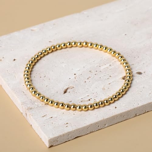 QOGIR 14k gold Handmade Healing Bracelet, Natural Gem Stone Crystal Elastic Gold Bracelet - color: 14k Gold Plated Beads, size: 4m