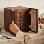 CHOSIN Black Walnut Wooden Jewelry Box 5 Layer Large Wood Jewelry Organizer Brass Handle for Necklaces Rings Earrings Watches Storage Monther Mothers Day Gifts for Mom (7.9x8.7x10.0inches) - style: Ginkgo Leaf - Shaped Handle