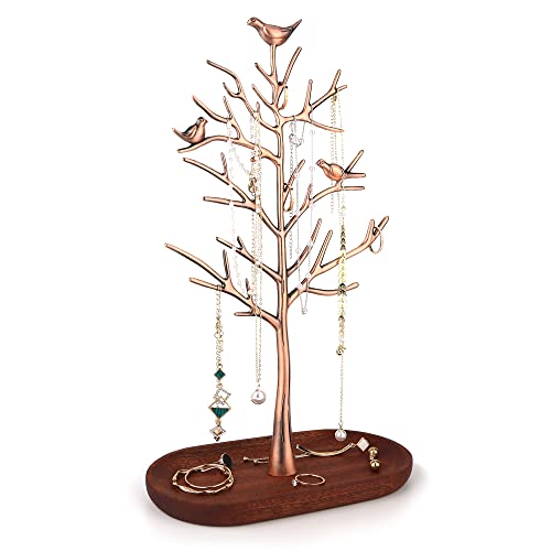 MORE&LESS Branch Jewelry Rack with wood tray,Retro color,Tree Tower Rack Hanging Organizer for Ring Earrings Necklace Bracelet,Suitable for living rooms, bathrooms,offices,etc. - color: B Antique Copper-Wood Tray