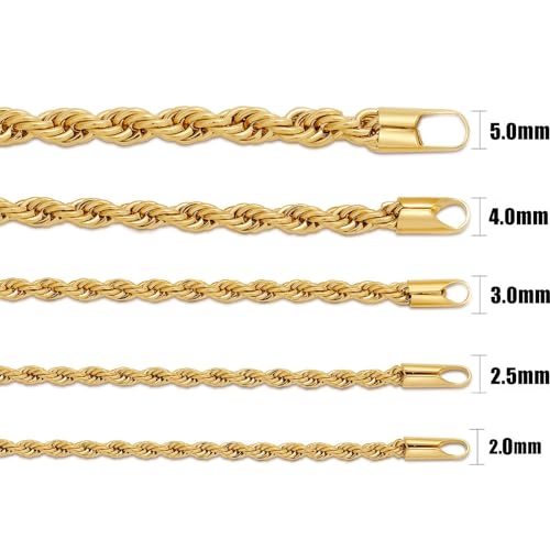 Fiusem 18K Gold Plated Rope Chain for Men, 18K Gold Plated/Black Chain Necklace, Stainless Steel Necklace for Men and Women, Jewelry Gifts - size: 16 Inches, style: Gold 2mm