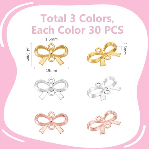 UNICRAFTALE 90pcs 3 Color Bowknot Connector Charms Alloy Golden Bow Knot Pendants Dangle Links Charms Tiny Metal Connector for Bracelet Necklace Earrings Making