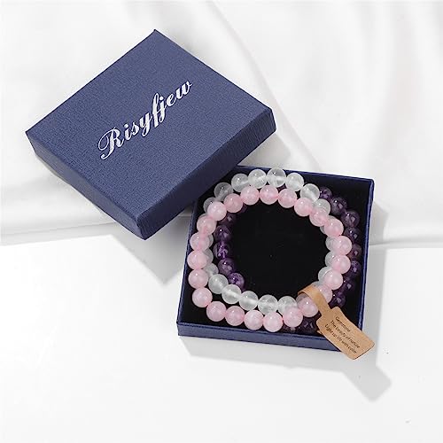 3 PCS Healing Crystal Bracelets for Women 8mm Natural Stone Beaded Stretch Bracelet Amethyst Jewelry Gifts - color: 01 8mm Rose Quartz