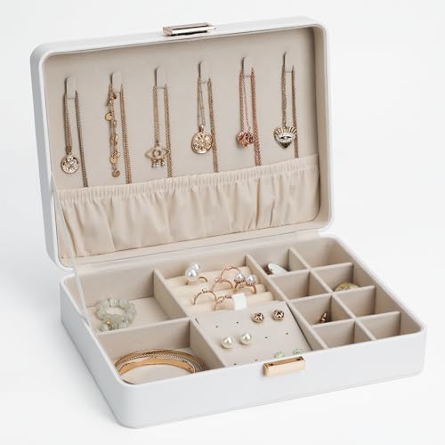 Secure Jewelry Organizer Box with Lock Compact Single Layer Storage for Travel & Home Holds Rings, Earrings, Pendants White - color: White-23, size: Style H