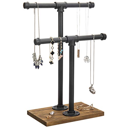 MyGift Adjustable 2-Tier Industrial Jewelry Display Stand - Rustic Metal Pipe & Brown Wood Base for Necklaces, Bracelets, Watches - Home & Boutique Decor (11.75" H) - color: Brown