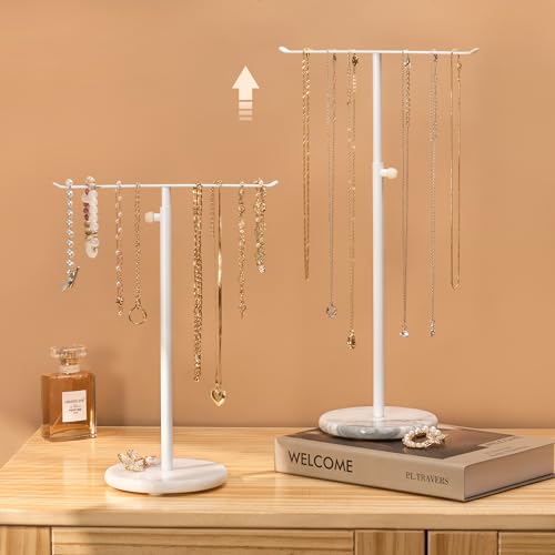 White Necklace Holder Jewelry Organizer Stand – Adjustable Height T‑Bar Jewelry Display with White Marble Base, Necklace & Bracelet Holder, Countertop Jewelry Tree - color: White