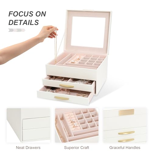 Jewelry Organizer Box with Glass Lid, Women Jewelry Box White Jewelry Case 3-Layer with 2 Drawers, Jewelry Organizer Jewelry Box, Glass Lid White - color: A Glass Lid White