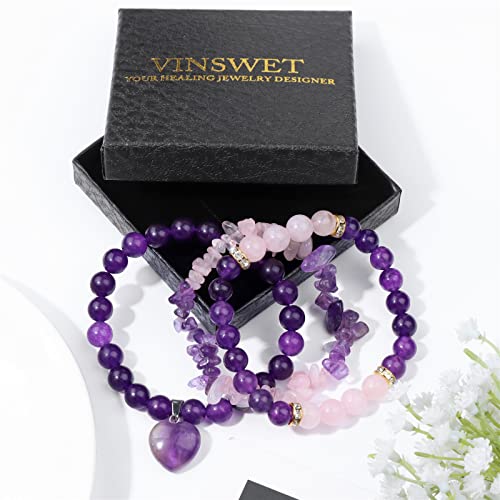 Vinswet Healing Crystal Beaded Bracelets for Women,Natural Amethyst Gemstones Bracelet,Anxiety Stress Relief Heart Charm Bracelet Handmade purple Jewelry Gifts for Women - color: Amethyst&Rose Quartz