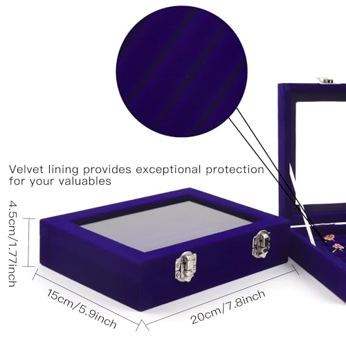 Coobbar 7-Row Royal Blue Ring & Earring Organizer, Transparent Lid Jewelry Box, Luxury Lockable Holder, 2-Pack Jewelry Tray Display for Shows, Countertop Storage Case