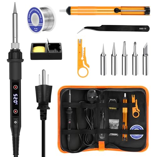 Soldering Iron Kit 80W LED Soldering Gun Adjustable Temp 356-968℉ 15s Fast Heating Electronics Welding Tools Precision Repair with Solder Wire, 5 Soldering Tips, Desoldering Pump, Stand, Tweezers