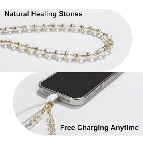 TEAMOLA Natural Stone Phone Charm, Handmade Crystal Cellphone Chain for Universal, Beaded Healing Anti Theft Phone Wrist Strap with Tether Tab, Clear Quartz - color: Clear