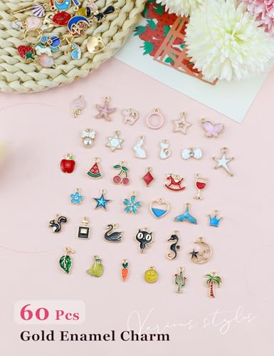 JIALEEY 60PCS Assorted Gold Plated Enamel Animal Moon Star Fruit Charm Pendant DIY for Necklace Bracelet Jewelry Making and Crafting