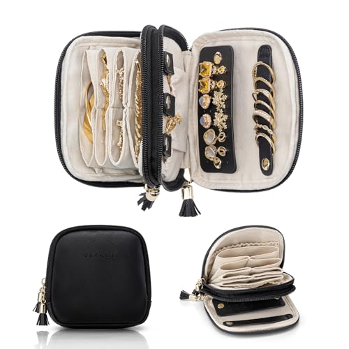 VLANDO Travel Jewelry Case,2-Layer Jewelry Organizer for Travel,Mothers Day Mom Gifts Teacher Gift,Multi-Compartment Jewelry Storage for Rings Earrings Necklaces Bracelets-Black - color: Black