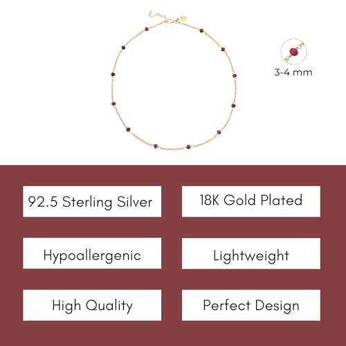 Dainty Gold Necklace for Women,Trendy 18k Gold Vermeil Sterling Silver Choker Necklace Thin Beaded Choker Necklaces Womens Simple Jewelry Gift for Valentines Day - color: July - Ruby