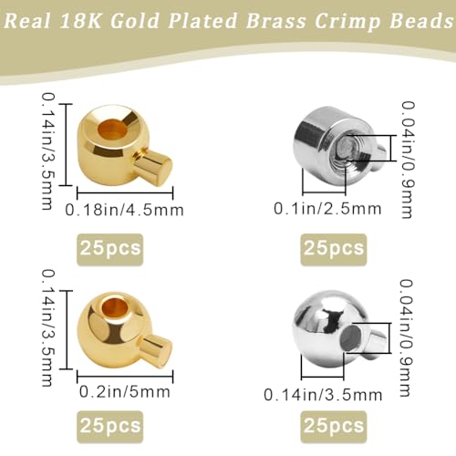 Beebeecraft 1 Box 100Pcs Crimp Beads for Jewelry Making 18K Gold & Platinum Plated Spacer Beads Ball Column Stopper Crimp Charms for Bracelet Necklace Ends Accessories - color: Tube & Round