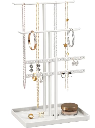 pickpiff Jewelry Stand Organizer, 14.5" Tall Sturdy Metal, 3-TierJewelry Holder for Necklace, Earring, Bracelet, Ring, Hanger for Display and Storage, Aesthetic Room Decor, White - color: White, size: 14.5" Height