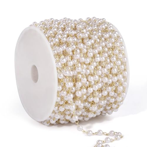 33 Feet Gold Pearl Beads Chains Roll, 4mm Faux Pearls Beaded Gold Plated Brass Cable Link Chain Spool Bulk for Jewelry Making DIY Craft - color: 4.0MM Gold Color